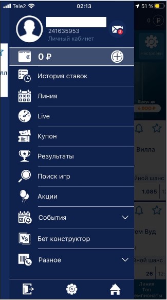 Личный кабинет в приложении букмекера 1хСтавка