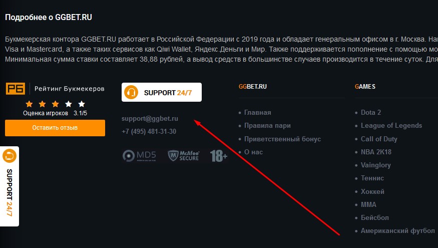 Саппорт букмекера GGBet