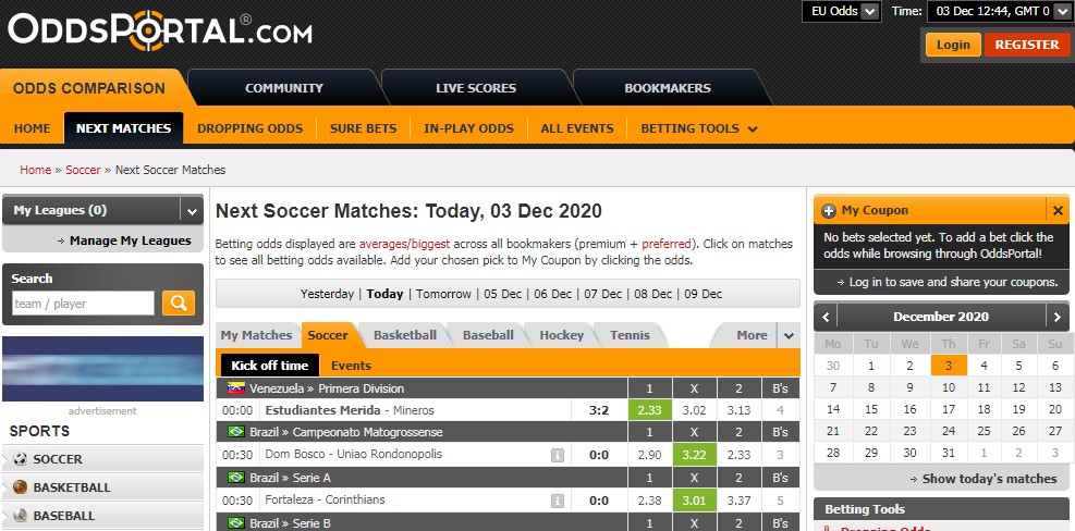 Интерфейс сканера Oddsportal.com