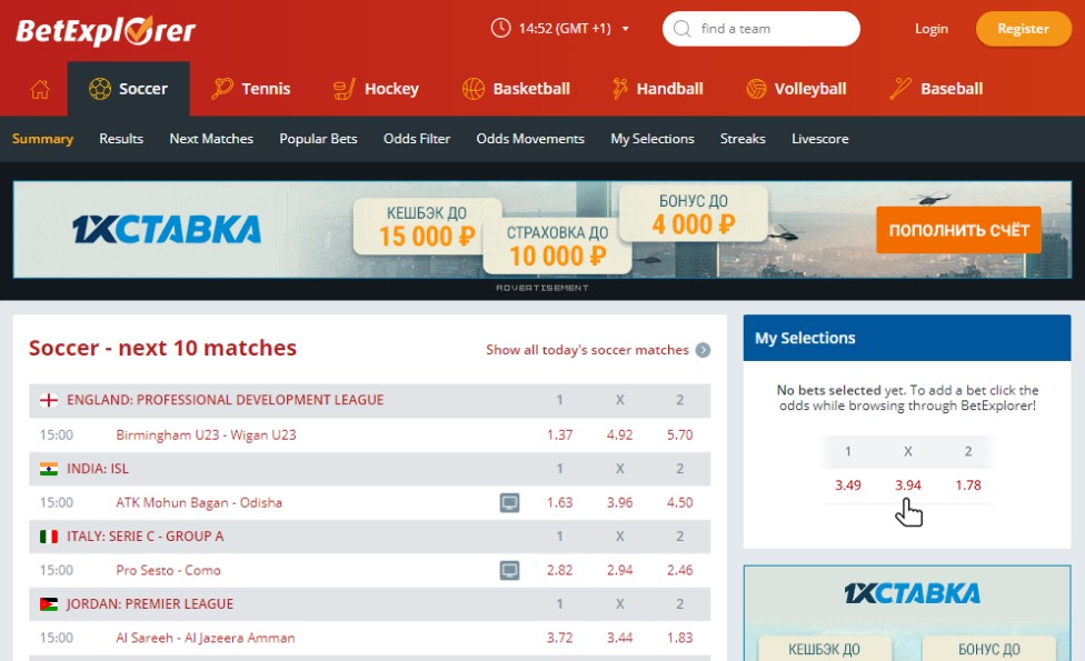 Сканер букмекерских ставок Betexplorer